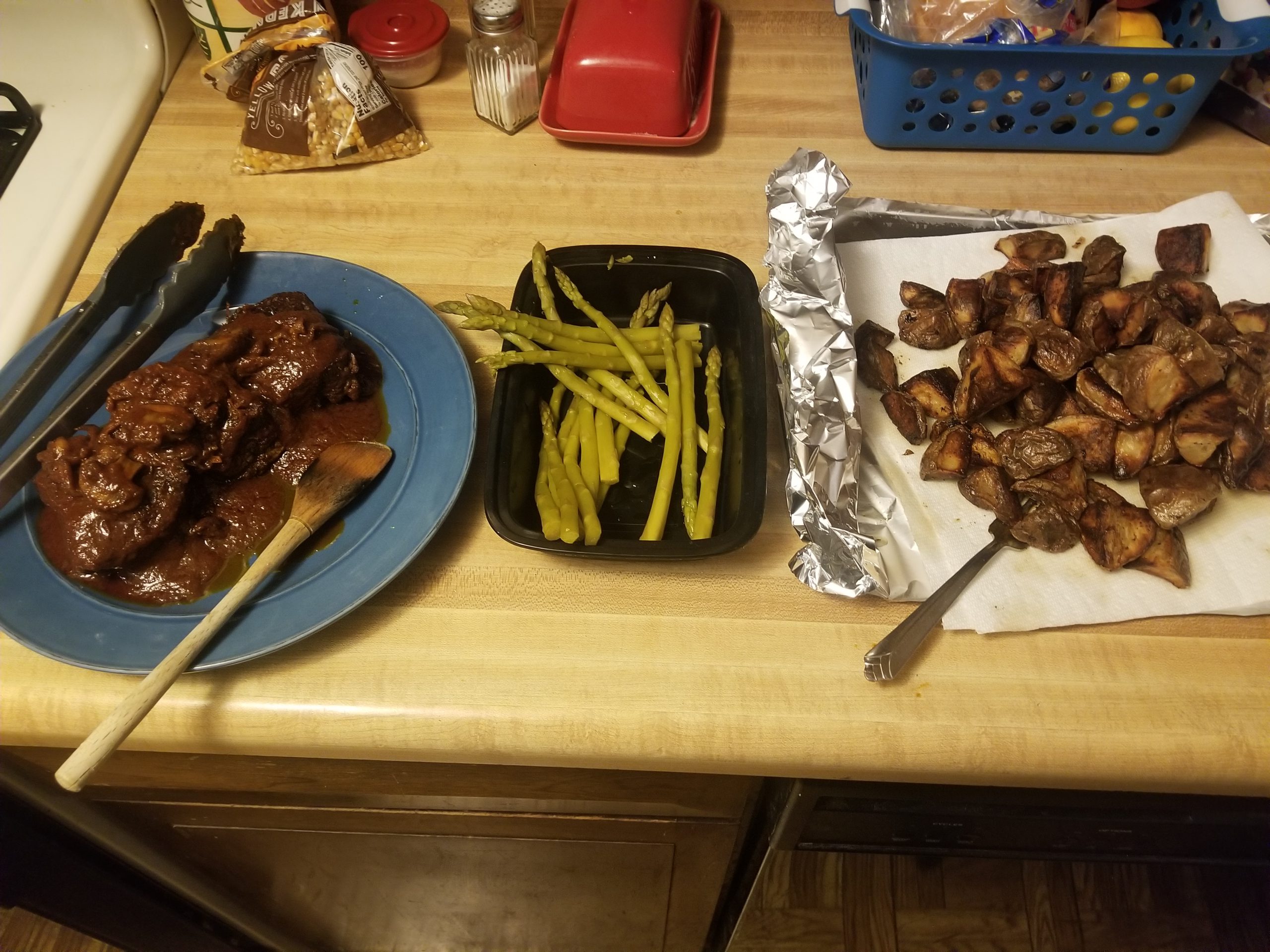 Braised Short Ribs with red wine reduction sauce Roasted Potatoes and Asperagus